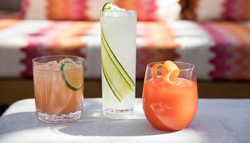 A trio of colorful cocktails
